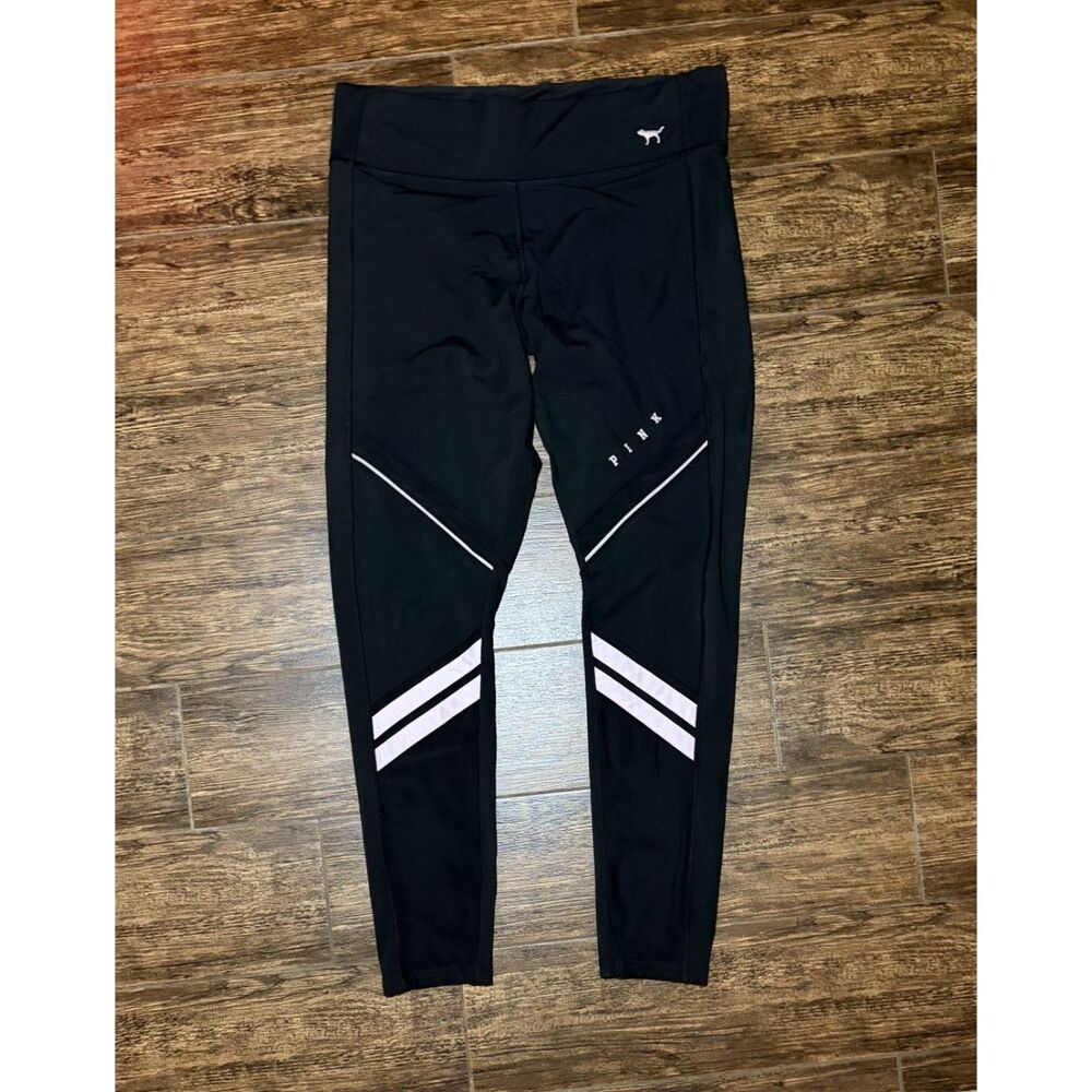 PINK Ultimate Black Leggings with Baby Pink + Mesh Detail - L